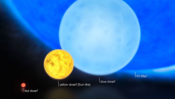 Самая массивная на сегодняшний день звезда R136a1, чья масса превышает солнечную в 256 раз. Рисунок художника