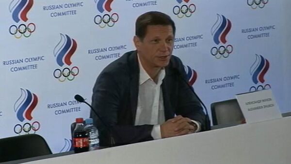 Стоп-кадр трансляции выступления главы ОКР Александра Жукова о сборной РФ на Олимпиаде