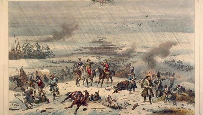 Отступающие войска французов под Вязьмой. Хромолитография Жана Виктора Адама