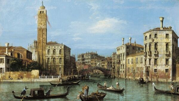 Каналетто (Canaletto). Гранд-канал с церковью Сан-Джеремия, дворцом Лабия и каналом Канареджо. Около 1726-1727 годов. Представлена на выставке в парижском музее Жакмар-Андре