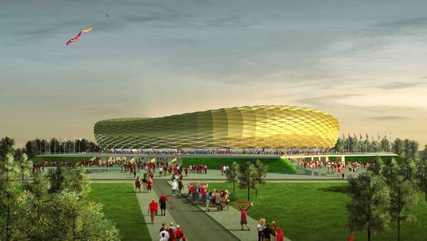 Макет стадиона Балтика в Калининграде, который будет построен к чемпионату мира по футболу 2018 года.