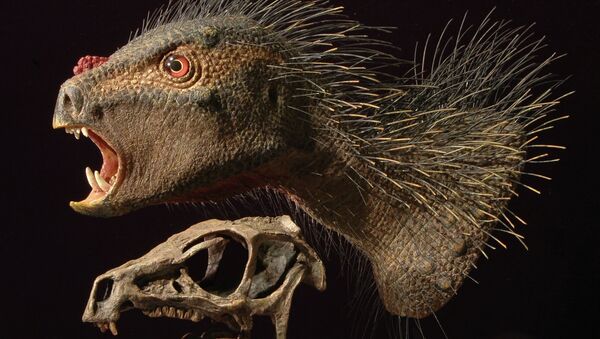 Саблезубый пернатый динозавр Pegomastax africanus в представлении художника