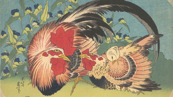 Кацусика Хокусай Петух, курица и цыпленок с традесканцией (Около 1830-33)
