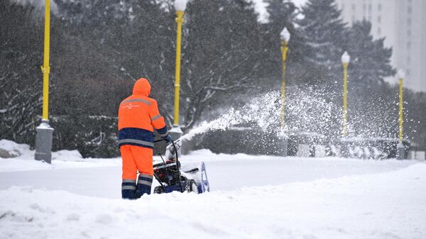 Сотрудник коммунальной службы убирает снег с помощью снегоуборочной машины возле здания МГУ на Воробьевых горах в Москве