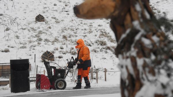 Сотрудник коммунальной службы убирает снег на территории природно-ландшафтного парка Зарядье в Москве