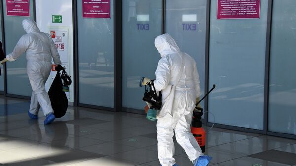 Работники санитарно-карантинного контроля в аэропорту Владивостока