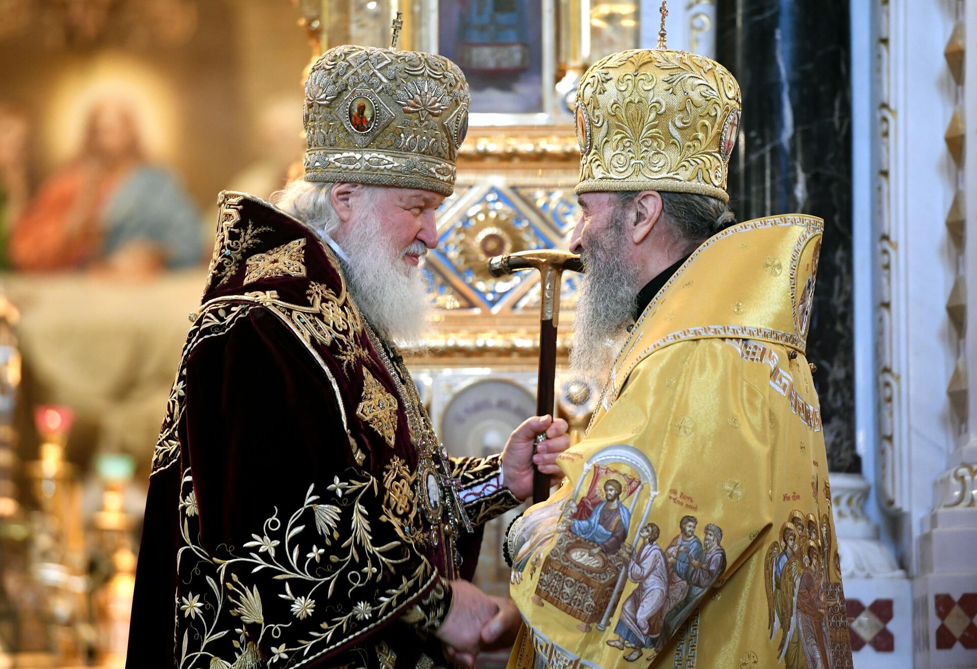 Патриарх Московский и всея Руси Кирилл и митрополит Киевский и всея Украины Онуфрий во время божественной литургии в кафедральном соборном храме Христа Спасителя Патриарх Московский и всея Руси Кирилл и митрополит Киевский и всея Украины Онуфрий во время божественной литургии в кафедральном соборном храме Христа Спасителя - РИА Новости, 1920, 10.07.2025