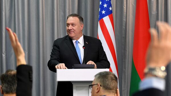 Госсекретарь США Майк Помпео во время пресс-конференции в Минске