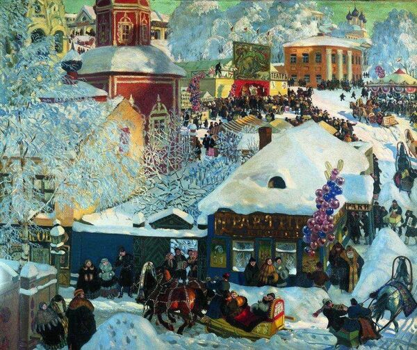 Картина Бориса Кустодиева Зима. Масленичное гуляние, 1919
