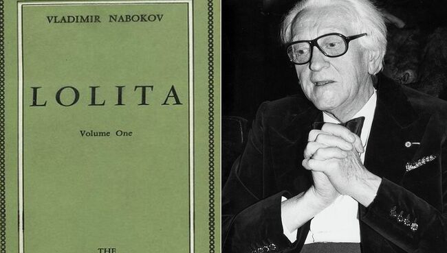 Обложка книги Лолита 1967 года издания и автор книги, Владимир Набоков