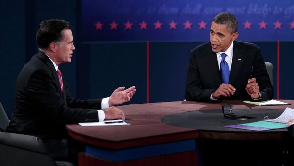 Митт Ромни и Барак Обама во время дебатов, посвященных внешней политике