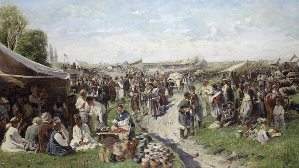 В. Маковский. Ярмарка (Малороссия), 1885 год (холст, масло 113х 180 см)