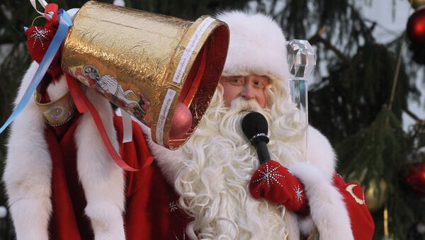 Дед Мороз выступает во время новогоднего представления на Соборной площади Кремля