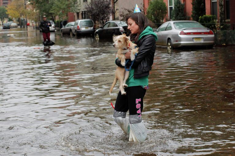 Женщина несет свою собаку после затопления територии водой из-за урагана Сэнди , Нью-Джерси.