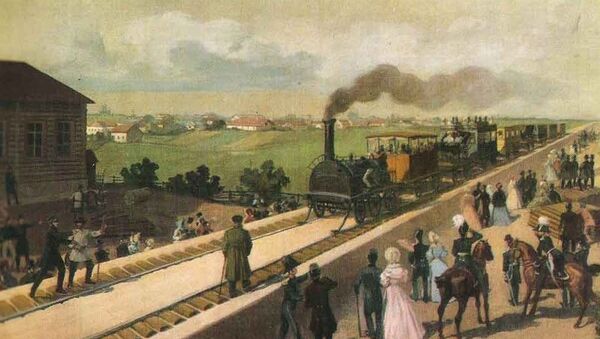 ﻿﻿Первый пассажирский поезд на Царскосельской железной дороге. Н. С. Самокиш. 1837