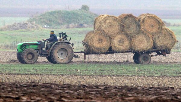Фермер работает в поле недалеко от Страсбурга