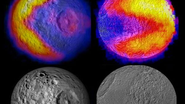 Распределение температур на поверхности спутников Сатурна - Мимасе и Тефии