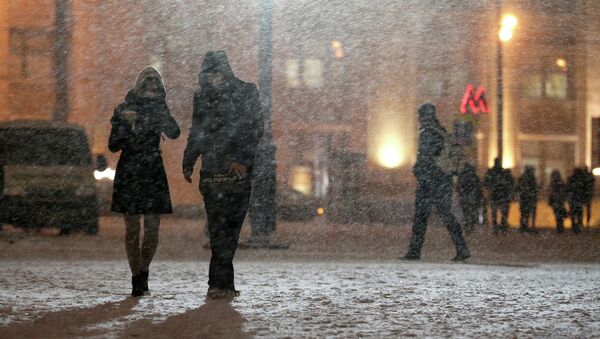 Жители Москвы на одной из улиц города во время снегопада. Архивное фото
