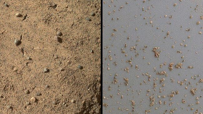 Марсианский песок под микроскопом, снимок прибора MAHLI, установленного на манипуляторе марсохода Curiosity