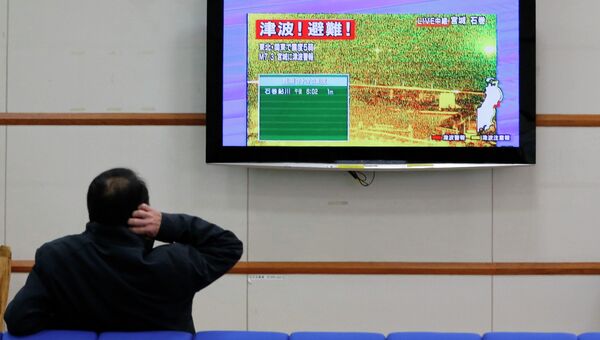 Трансляция по телевизору кадров, сигнализирующих об эвакуации в связи с землетрясением в Японии