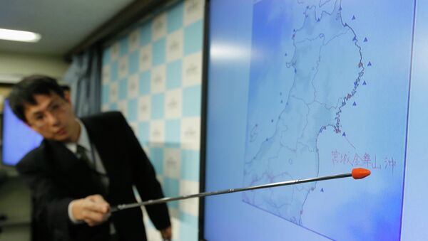 Старший координатор Японского метеорологического агентства по сейсмологической информации Макото Сайто указывает на место землетрясения
