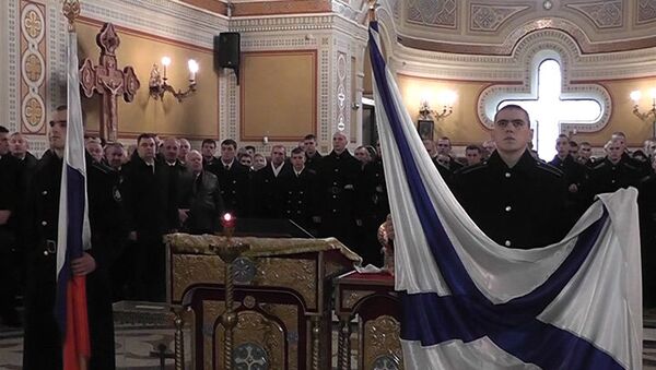 Торжественная церемония освящения Андреевских флагов кораблей и судов Черноморского в Севастополе