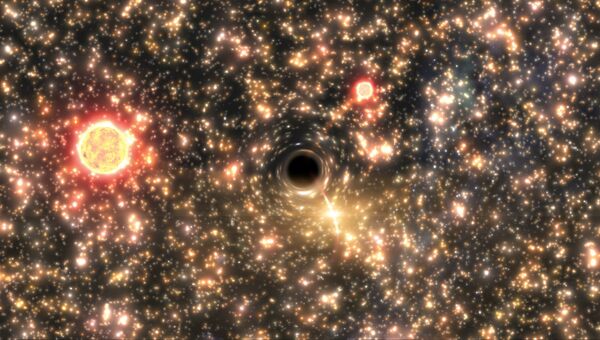Черная дыра (в центре) на фоне звездных скоплений