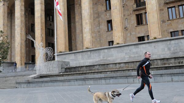 Мужчина с собакой на пробежке перед зданием парламента в Тбилиси. Архивное фото