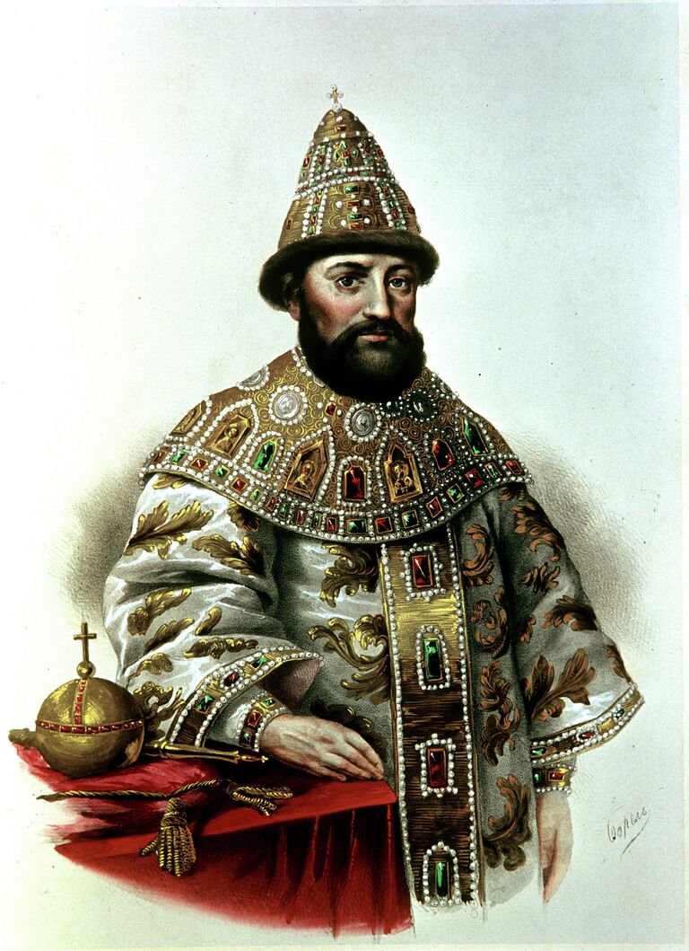 Портрет царя Михаила Федоровича Романова. Раскрашенная литография Портрет царя Михаила Федоровича Романова. Раскрашенная литография