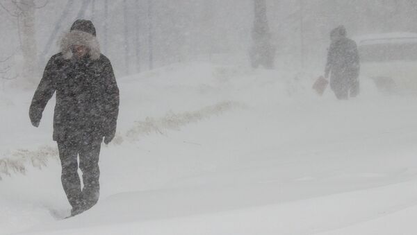 Жители Южно-Сахалинска во время снежного циклона. Архивное фото