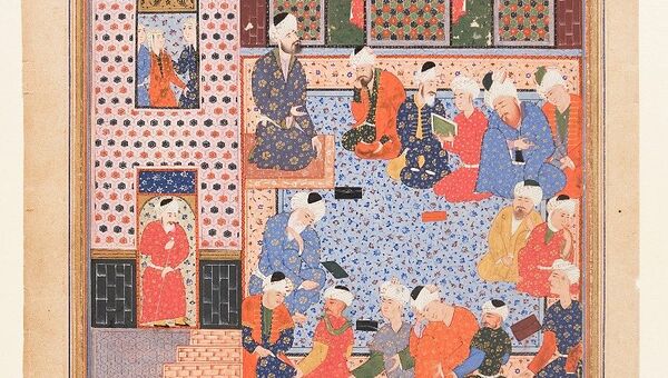 Миниатюра Спор философов. Иран, Шираз, 1560-е гг. Лист из рукописи Низами Гянджеви Хамсе