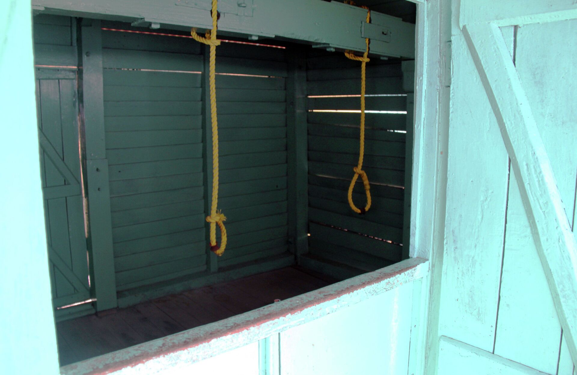 Виселица с системой открывающихся в полу люков в Сотовой Тюрьме в городе Порт-Блэр - РИА Новости, 1920, 02.04.2021