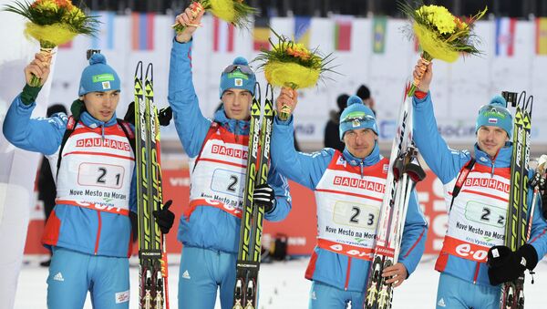 Российские биатлонисты Антон Шипулин,	Дмитрий Малышко, Евгений Гараничев, Евгений Устюгов (слева направо)