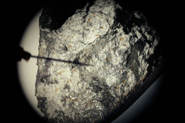 Осколок чебаркульского метеорита под микроскопом в лаборатории Института геохимии и аналитической химии им. В.И.Вернадского