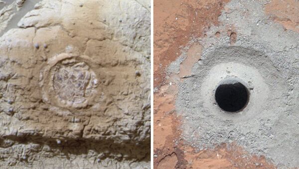 Следы работы марсоходов Opportunity (слева) и Curiosity