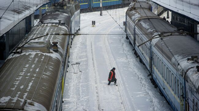 Работник железнодорожного транспорта на вокзале Киева после сильного снегопада