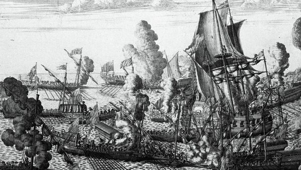 Репродукция гравюры А. Зубова 1715 года Морское сражение около Гангута, 25 июля 1714 года. Московский Исторический музей.