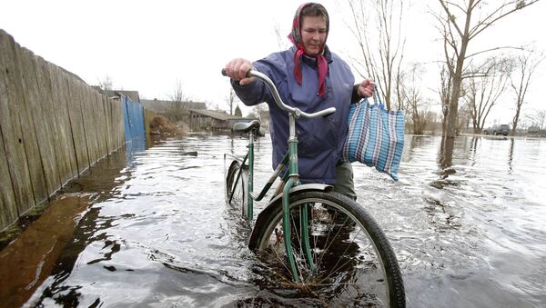 Жительница деревни Хлупин Гомельского района с велосипедом на затопленной паводком улице