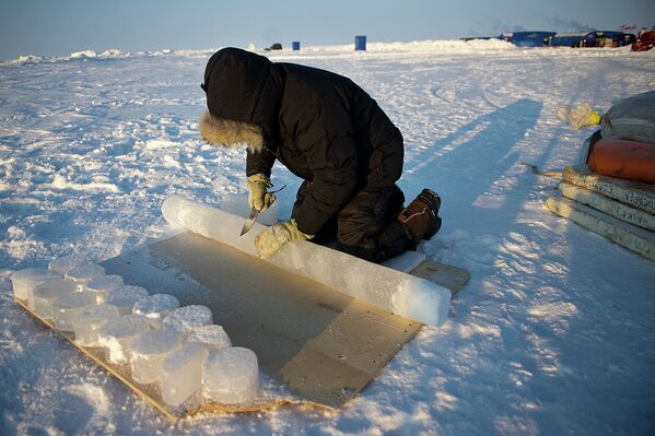 Российский ученый распиливает пробу льда на дрейфующей ледовой станции Барнео в районе Северного Полюса