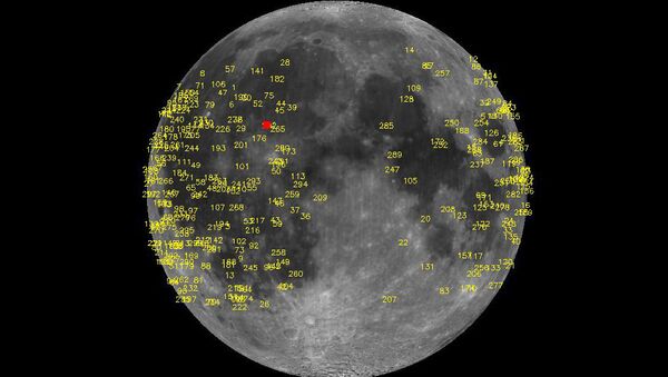 Места падений метеоритов на Луне с 2005 года, удар 17 марта отмечен красным квадратом