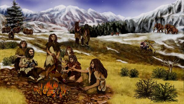 Неандертальцы у костра под открытым небом. Архив