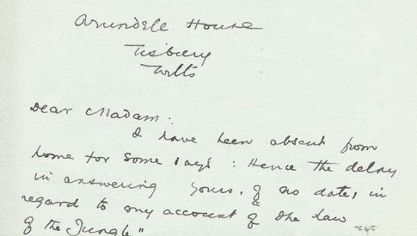 Письмо классика британской литературы, нобелевского лауреата Редьярда Киплинга, в котором он признается в заимствовании некоторых идей для Книги джунглей
