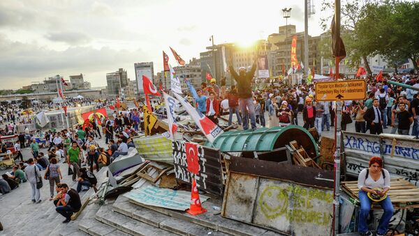 Протестующие на баррикадах на входе в парк Гези в Стамбуле