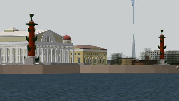 Компьютерная модель: видимость башни Лахта центра на Стрелке Васильевского острова в Петербурге