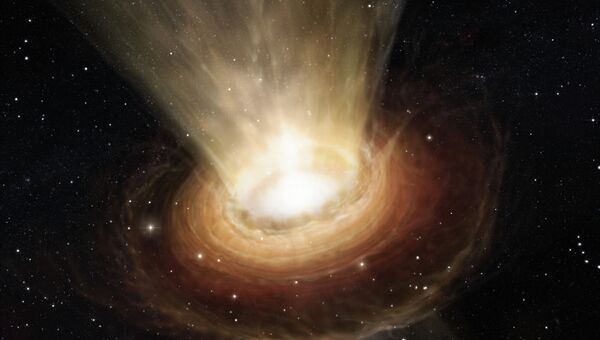 Так художник представил себе толстый “бублик” и пылевой диск, окружающий черную дыру в галактике NGC 3783