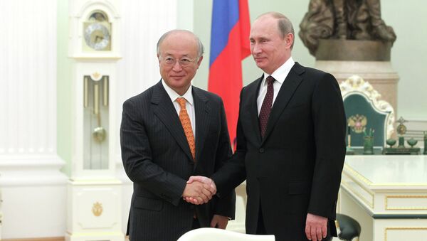 Президент России Владимир Путин (справа) и генеральный директор Международного агентства по атомной энергии (МАГАТЭ) Юкию Амано. Архивное фото