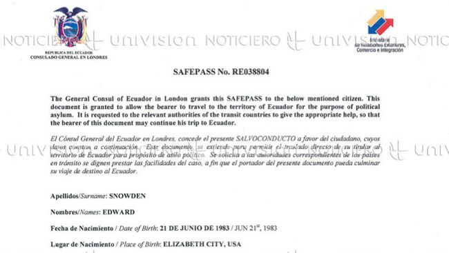ТВ обнародовало транзитный документ, якобы выданный Сноудену консульством Эквадора