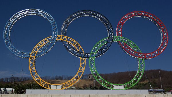 Олимпийские кольца у здания сочинского аэропорта, архивное фото