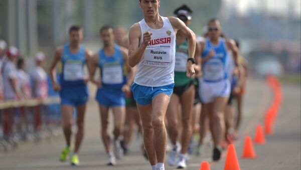 Российский спортсмен Андрей Рузавин в финальных соревнованиях по спортивной ходьбе на дистанции 20 км среди мужчин