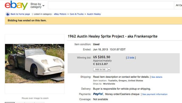 Автомобиль Austin Healey Sprite на сайте eBay